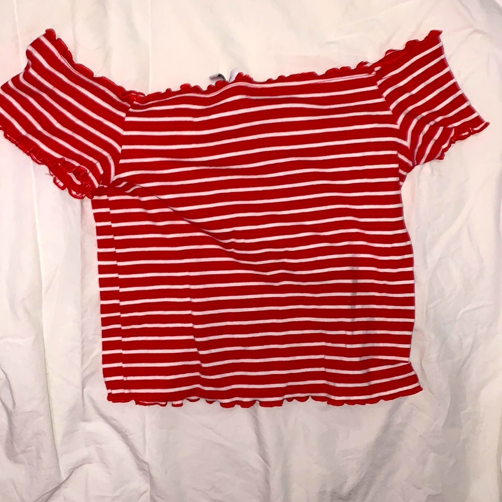 red striped off the shoulder top
